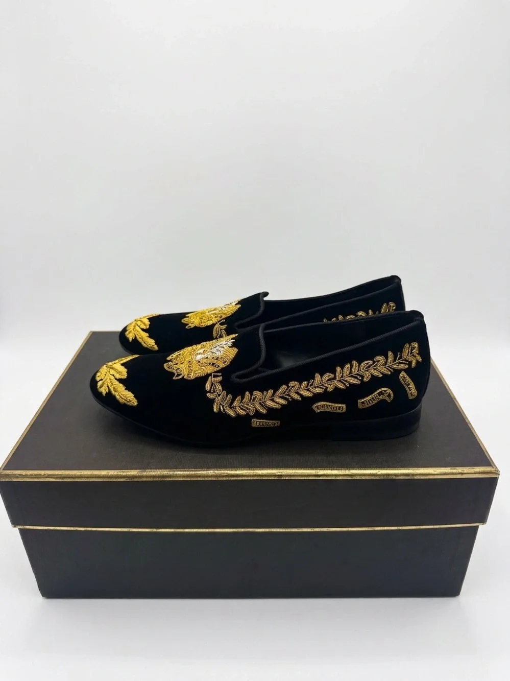 Black Velvet Loafers with Gold Embroidered Crest